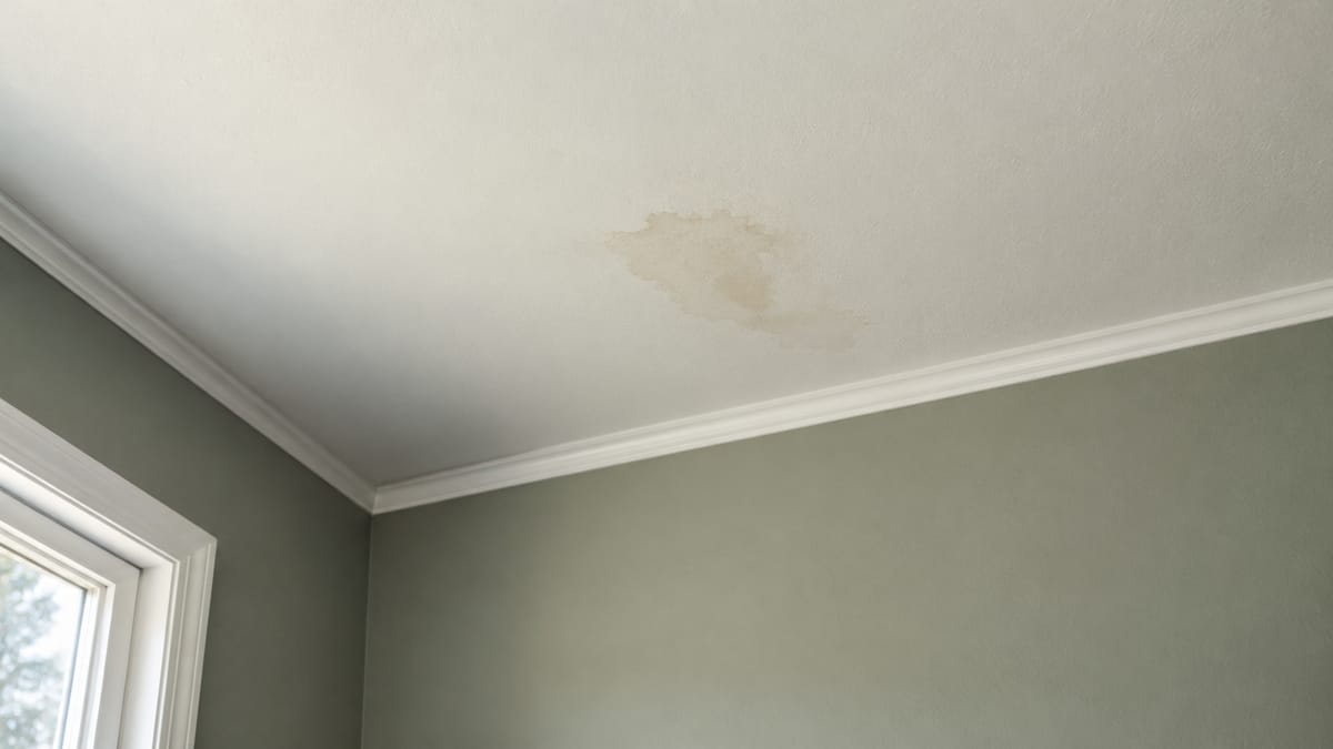 A pale water stain on a residential drywall ceiling.
