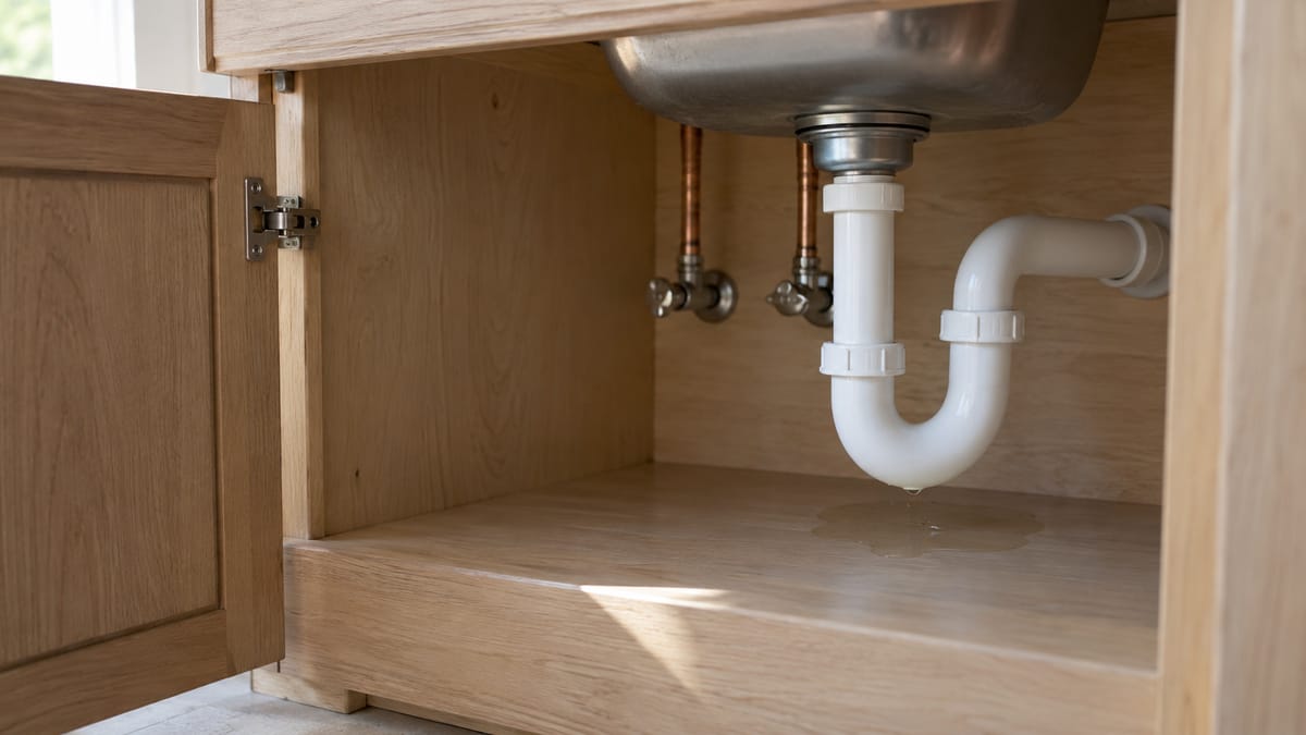A small wet patch beneath white drain piping inside a sink cabinet.